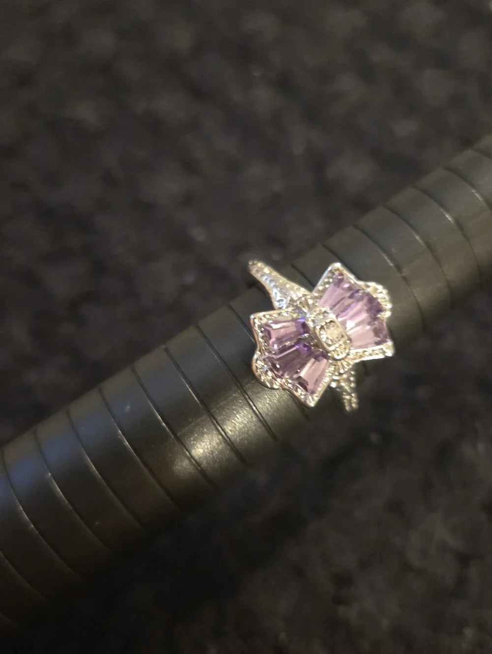 Silver Tone Purple Baguette Bow Statement Ring Size 9.5